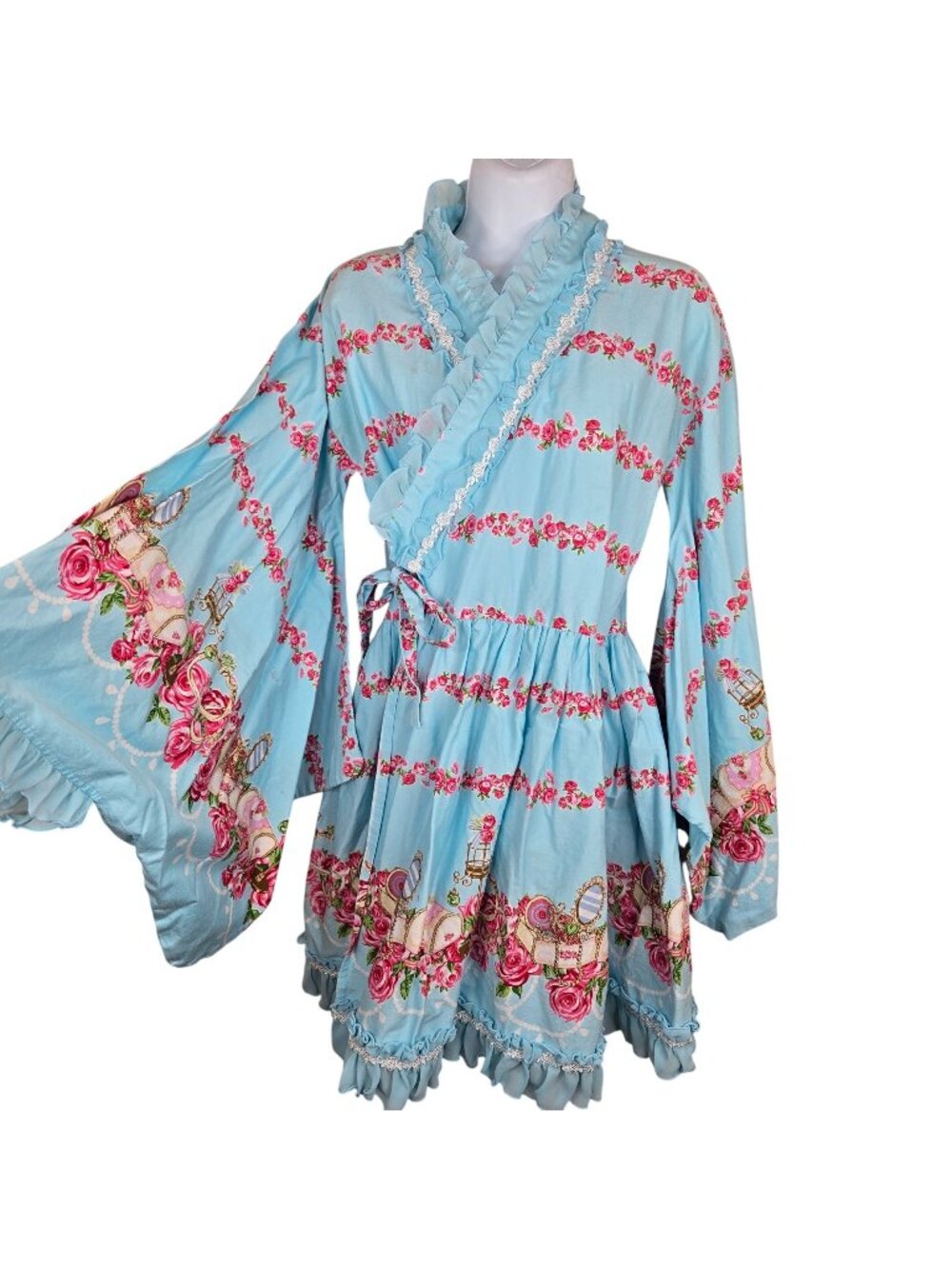 Body Line Lolita Blue Pink Rose Ruffle Wrap Dress Womens S Jewelry Kimono Sleeve